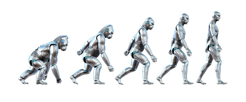 A chart showing the progression of a robot ape evolving into a robot human - 3D renders.